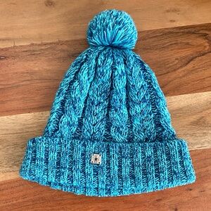 Blue Cable Knit Beanie with Pom Pom
